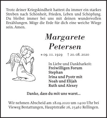Traueranzeige von Margarete Petersen von Pinneberger Tageblatt