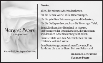 Traueranzeige von Margret Peters von Husumer Nachrichten