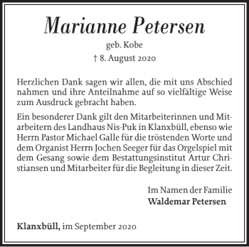 Traueranzeige von Marianne Petersen von Sylter Rundschau