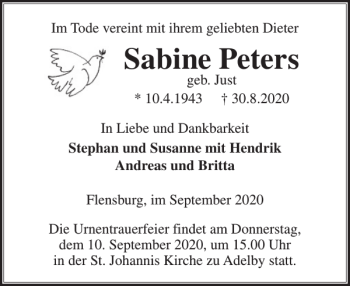 Traueranzeige von Sabine Peters von Flensburger Tageblatt