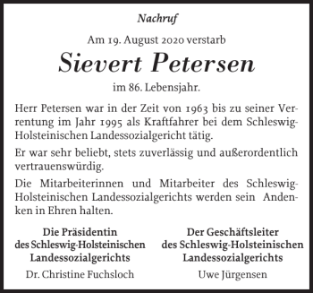 Traueranzeige von Sievert Petersen von Schleswiger Nachrichten