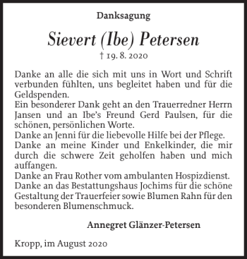 Traueranzeige von Sievert Ibe Petersen von Flensburger Tageblatt