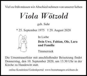 Traueranzeige von Viola Wötzold von Flensburger Tageblatt