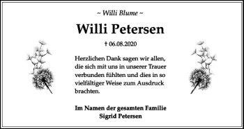 Traueranzeige von Willi Petersen von Sylter Rundschau