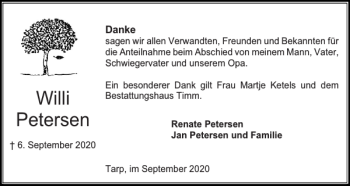 Traueranzeige von Willi Petersen von Flensburger Tageblatt