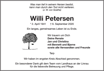 Traueranzeige von Willi Petersen von Flensburger Tageblatt