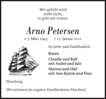 Traueranzeige von Arno Petersen von Flensburger Tageblatt