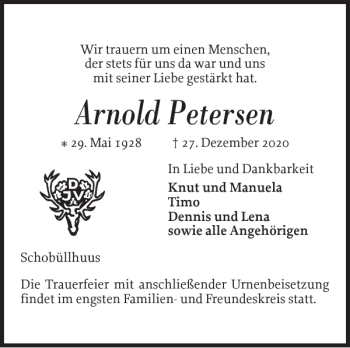 Traueranzeige von Arnold Petersen von Flensburger Tageblatt