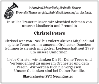 Traueranzeige von Christel Peters von Holsteinischer Courier