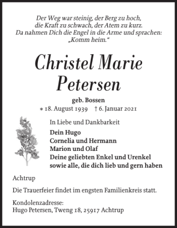 Traueranzeige von Christel Marie Petersen von Nordfriesland Tageblatt