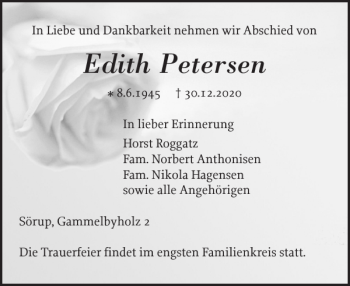 Traueranzeige von Edith Petersen von Flensburger Tageblatt