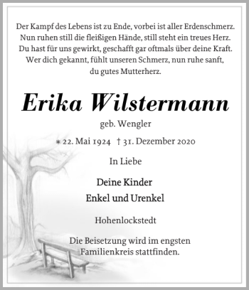 Traueranzeige von Erika Wilstermann von Norddeutsche Rundschau
