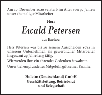 Traueranzeige von Ewald Petersen von Norddeutsche Rundschau