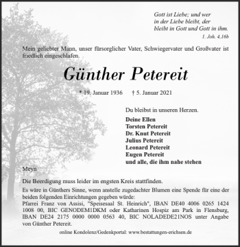 Traueranzeige von Günther Petereit von Flensburger Tageblatt