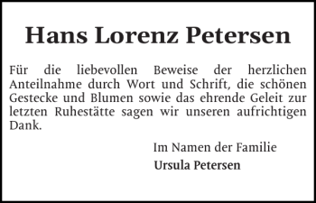 Traueranzeige von Hans Lorenz Petersen von Flensburger Tageblatt