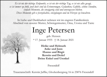 Traueranzeige von Inge Petersen von Husumer Nachrichten