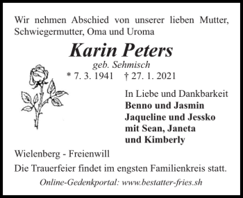 Traueranzeige von Karin Peters von Flensburger Tageblatt