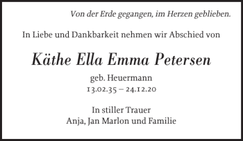 Traueranzeige von Käthe Ella Emma Petersen von Der Insel-Bote