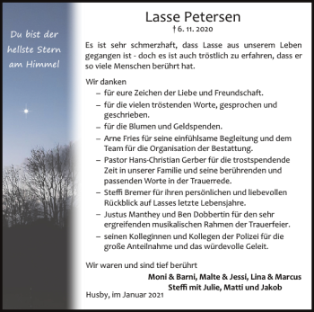 Traueranzeige von Lasse Petersen von Flensburger Tageblatt