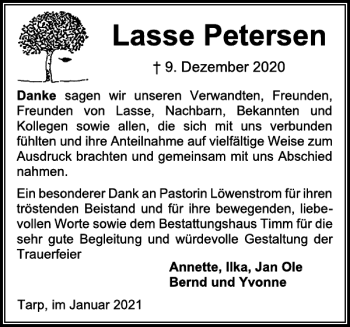 Traueranzeige von Lasse Petersen von Flensburger Tageblatt