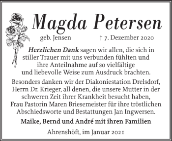 Traueranzeige von Magda Petersen von Husumer Nachrichten