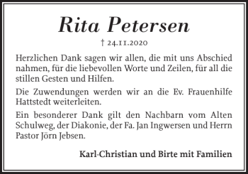Traueranzeige von Rita Petersen von Husumer Nachrichten