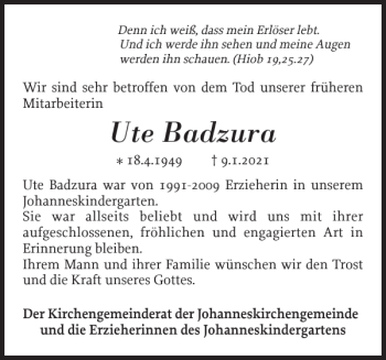 Traueranzeige von Ute Badzura von Holsteinischer Courier