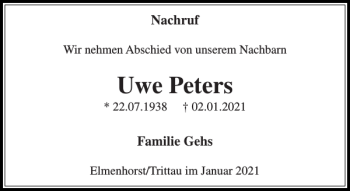 Traueranzeige von Uwe Peters von Stormarner Tageblatt