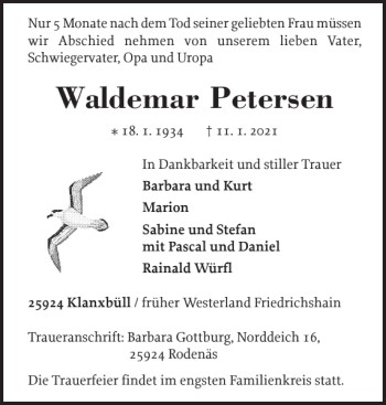 Traueranzeige von Waldemar Petersen von Nordfriesland Tageblatt