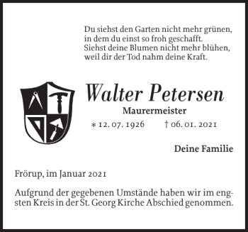 Traueranzeige von Walter Petersen von Flensburger Tageblatt