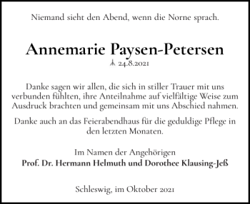 Traueranzeige von Annemarie Paysen-Petersen von Schleswiger Nachrichten