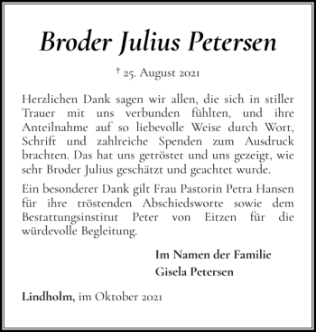 Traueranzeige von Broder Julius Petersen von Husumer Nachrichten