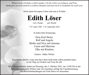 Traueranzeige von Edith Löser von Norddeutsche Rundschau