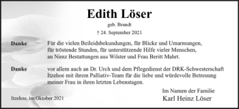 Traueranzeige von Edith Löser von Norddeutsche Rundschau