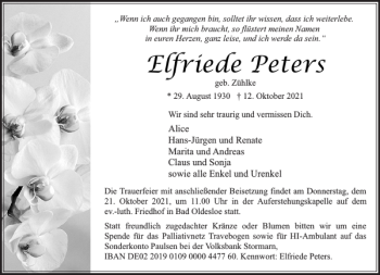 Traueranzeige von Elfriede Peters von Stormarner Tageblatt
