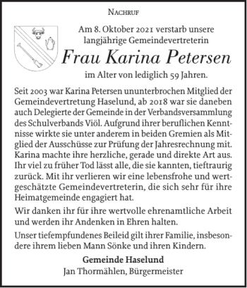 Traueranzeige von Frau Karina Petersen von Husumer Nachrichten