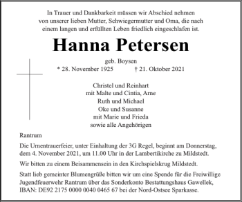 Traueranzeige von Hanna Petersen von Husumer Nachrichten