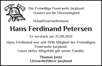 Traueranzeige von Hans Ferdinand Petersen von Flensburger Tageblatt