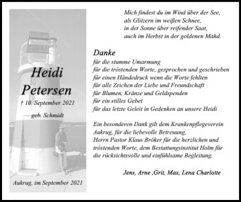 Traueranzeige von Heidi Petersen von Holsteinischer Courier