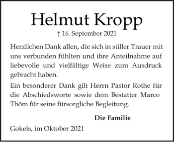 Traueranzeige von Helmut Kropp von Landeszeitung