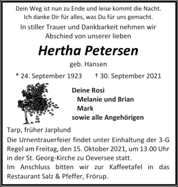 Traueranzeige von Hertha Petersen von Flensburger Tageblatt
