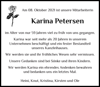 Traueranzeige von Karina Petersen von Husumer Nachrichten