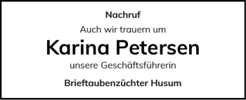 Traueranzeige von Karina Petersen von Husumer Nachrichten