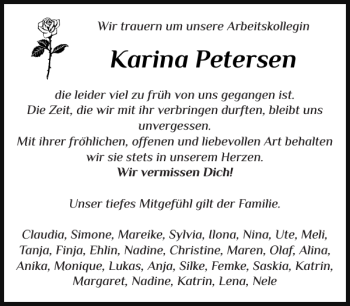 Traueranzeige von Karina Petersen von Husumer Nachrichten