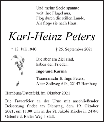 Traueranzeige von Karl-Heinz Peters von Landeszeitung
