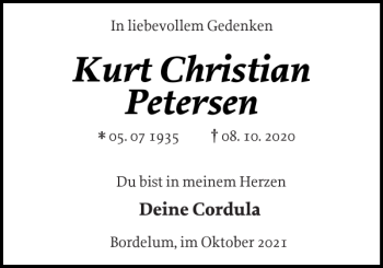 Traueranzeige von Kurt Christian Petersen von Husumer Nachrichten