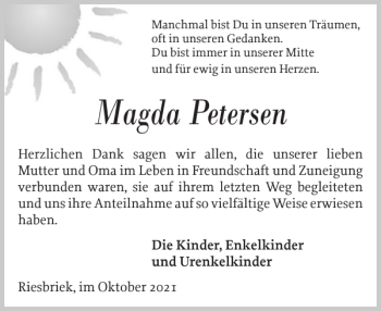 Traueranzeige von Magda Petersen von Flensburger Tageblatt