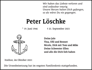 Traueranzeige von Peter Löschke von Norddeutsche Rundschau
