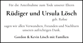 Traueranzeige von Rüdiger und Ursula Lösch von Landeszeitung