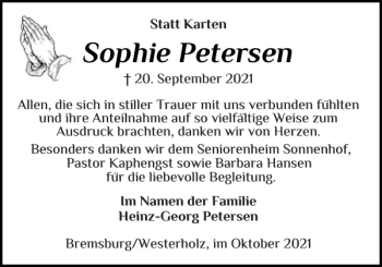 Traueranzeige von Sophie Petersen von Flensburger Tageblatt